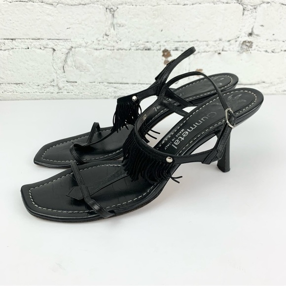 Vintage Gunmetal Italy Black Leather Slingback Fringe Tassel Sandal Heels 8.5B - Picture 3 of 10